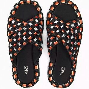 Zara Woven Slide Sandals - Black, Orange Red, White